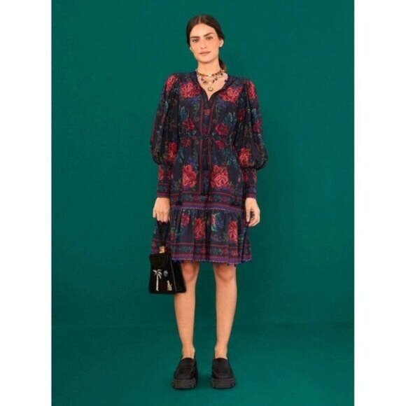 FARM Rio Mini Dress S Black Flower Tapestry Teal Floral Cottagecore Summer - Picture 15 of 16